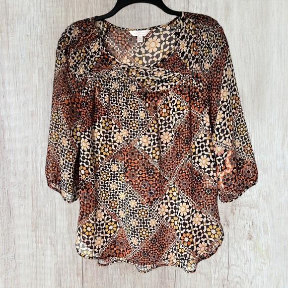 Boho Patchwork Floral Blouse Size Medium Mosaic Artsy Lauren Conrad Semi Sheer - Picture 1 of 9